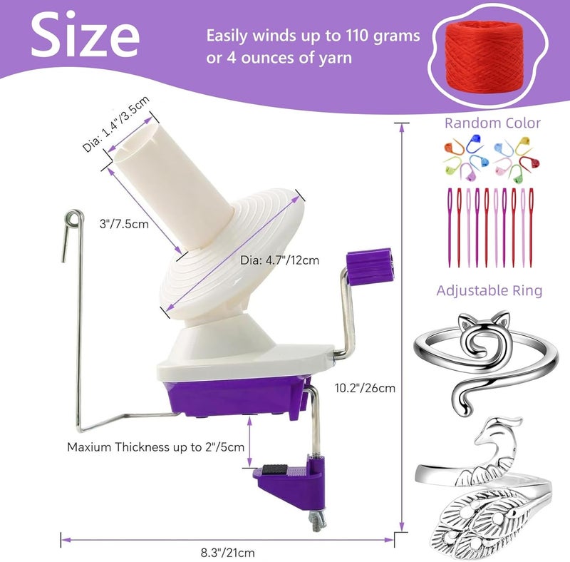 RRigo Yarn Ball Winder, Hand Purple Ball Winders for Yarn, Yarn Winder with Easy Installation for Yarn Storage +2PCS Adjustable Knitting Loop Crochet+10 PCS Stitch Knitting Needles +10 PCS Plastic Needles - Image 2